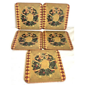 Pimpernel Harlequinn Christmas Wreath Set of 5 Cork Coasters Made in England